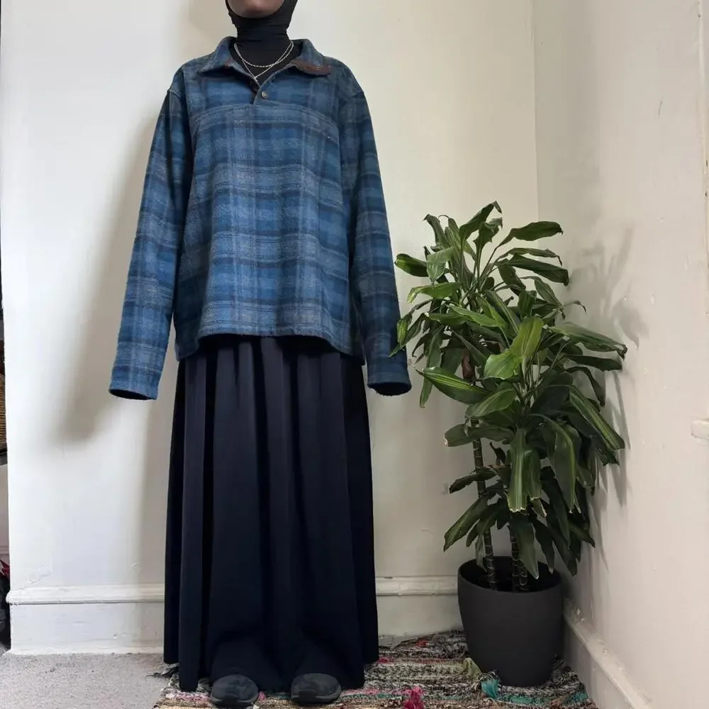 Vintage unisex John Wayne quarter-snap Blue‎ Plaid Fleece Pullover size 2XL